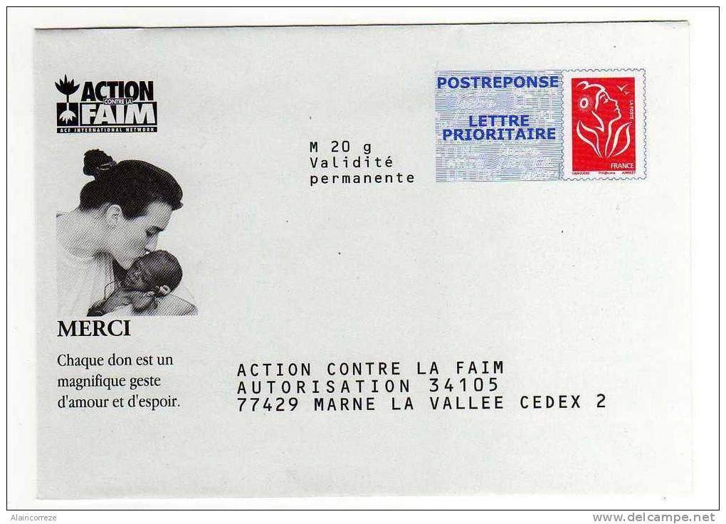 Entier Postal PAP Réponse Seine Et Marne MArne La Vallée Action Contre La Faim Autorisation 34105 N° Au Dos: 08P271 - PAP: Antwort/Lamouche