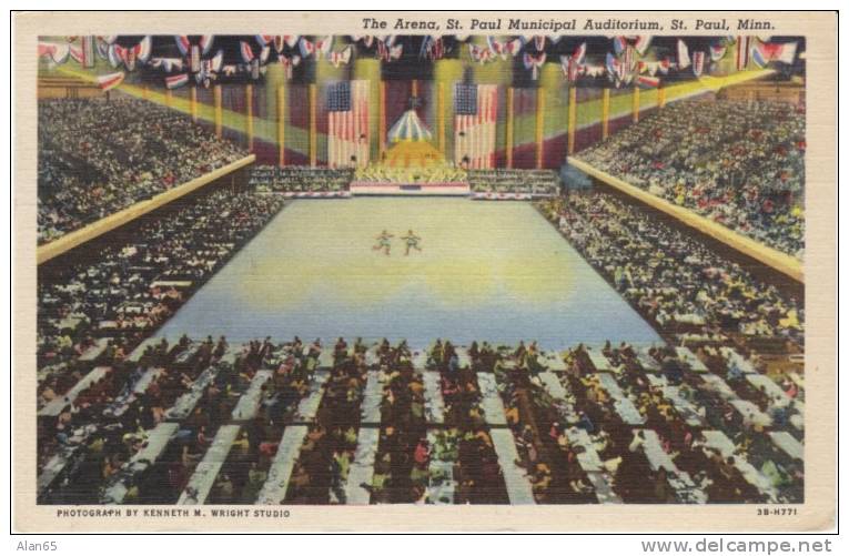 St. Paul MN Municipal Arena Performance, Orchestra, Ice Skating, On 1943 Vintage Curteich Linen Postcard - Autres & Non Classés