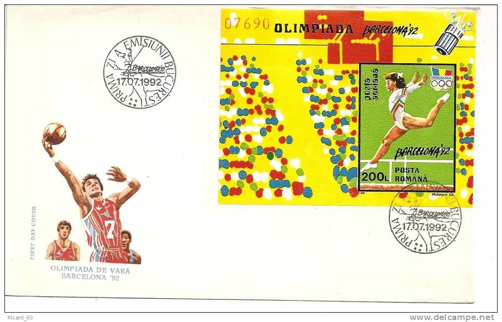 Enveloppe Fdc De Roumanie, Jeux Olympiques De Barcelone En 1992, Gymnastique Féminin, Bf N°223, Oblitération Tir à L'arc - Storia Postale