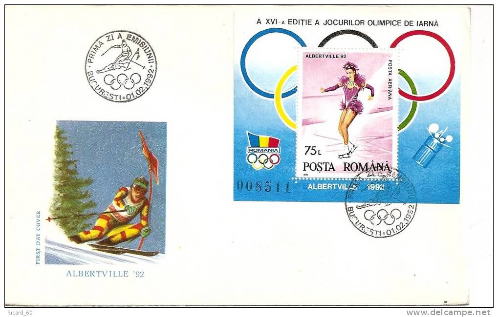Enveloppe Fdc De Roumanie, Jeux Olympiques D' Albertvile, 1992, Patinage Artisique, Bf N°215 Oblitération Slalom - Storia Postale