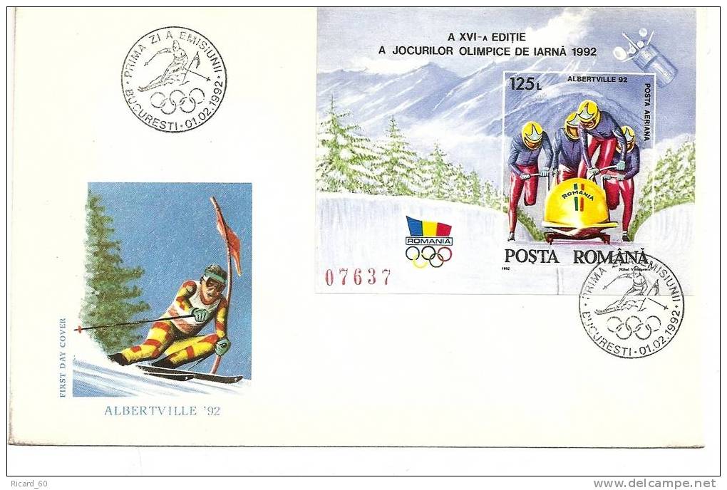 Enveloppe Fdc De Roumanie, Jeux Olympiques D' Albertvile, 1992, Bobsleigh, Bf N°216 Oblitération Slalom - Storia Postale