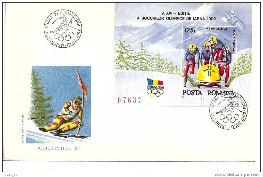 Enveloppe Fdc De Roumanie, Jeux Olympiques D' Albertvile, 1992, Bobsleigh, Bf N°216 Oblitération Slalom - Brieven En Documenten