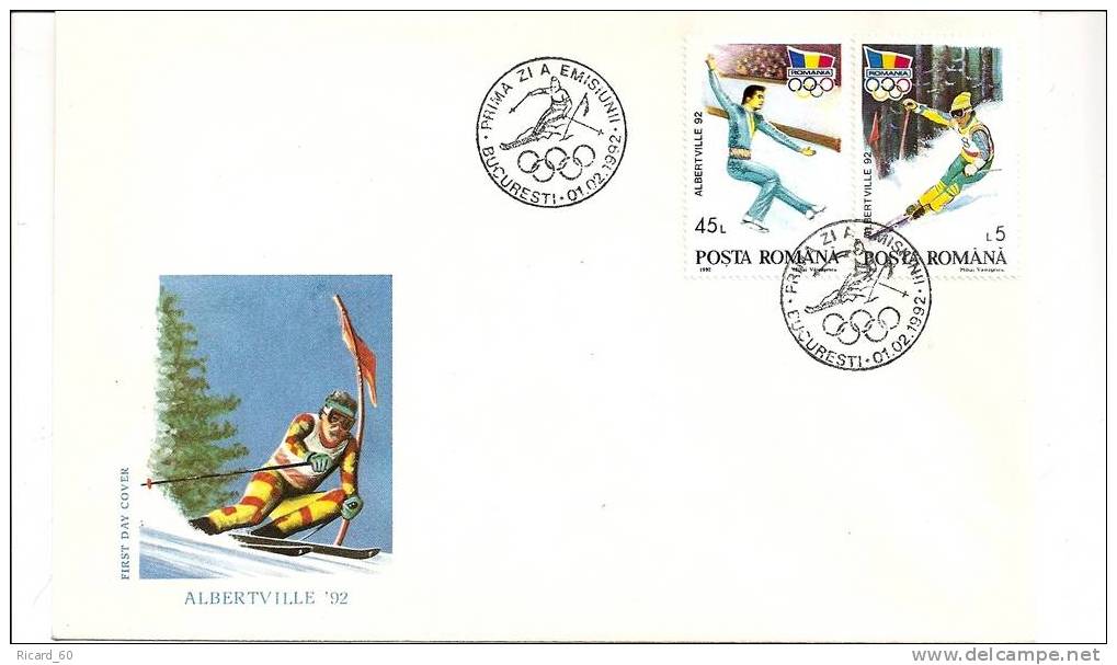 Enveloppe Fdc De Roumanie, Jeux Olympiques D' Albertvile, 1992, Patinage, Ski, Oblitération Slalom - Lettres & Documents