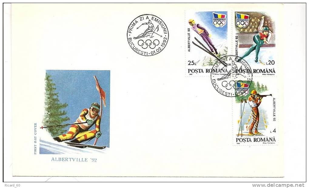 Enveloppe Fdc De Roumanie, Jeux Olympiques D' Albertvile, 1992, Patinagede Vitesse, Biathlon, Saut à Ski - Covers & Documents