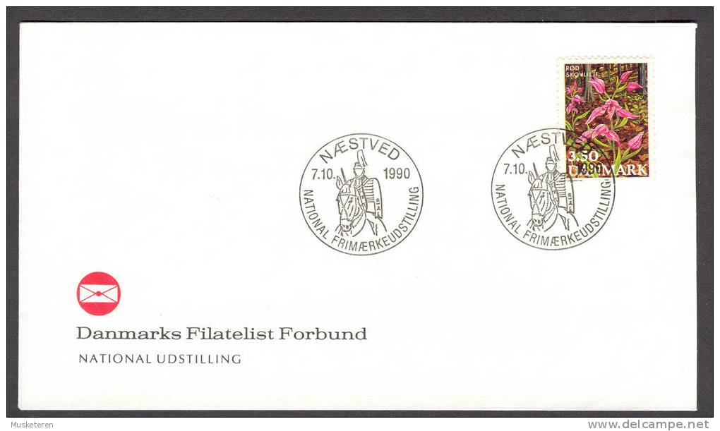 Denmark Næstved National Stamp Exhibition 1990 Cover Royal Guard Hussar Cancel Red Forrest Lily Stamp - Briefe U. Dokumente