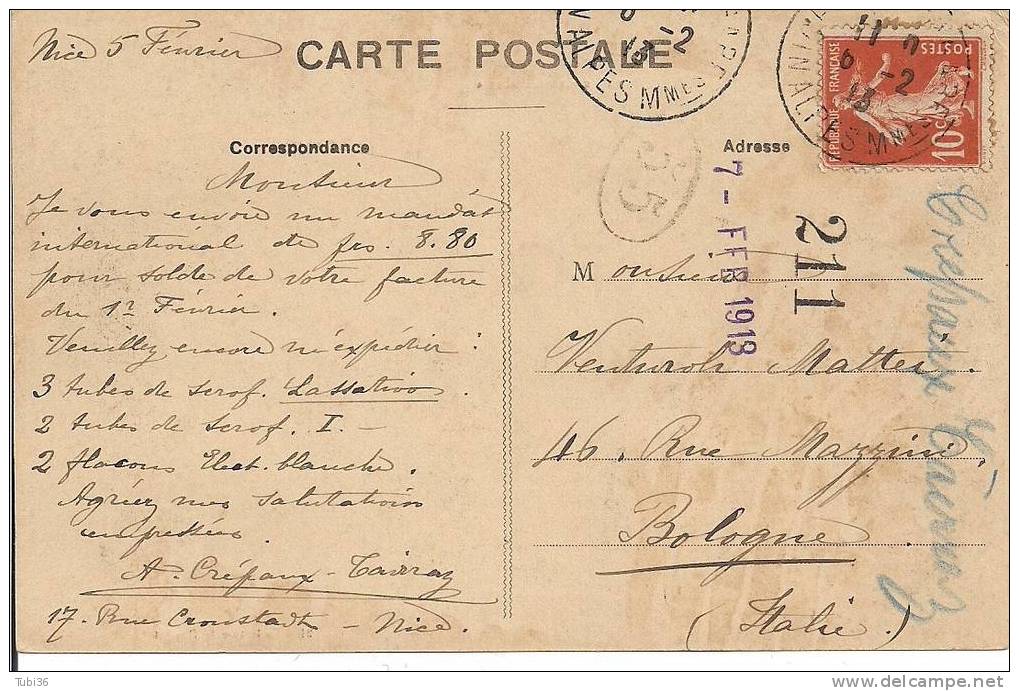 NICE / CARTOLINA POSTALE  DA NIZZA  PER BOLOGNA / VIAGGIATA  1913 /  FARMACIA MEDICINALI / - Salute, Ospedali