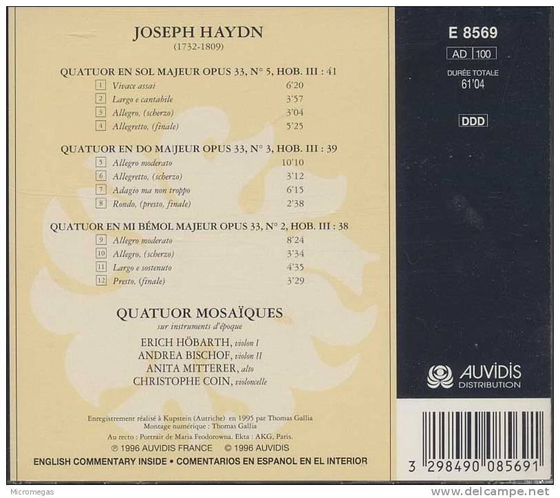 Haydn : Quatuors Op.33 N°5, 3 & 2, Quatuor Mosaïques - Klassik