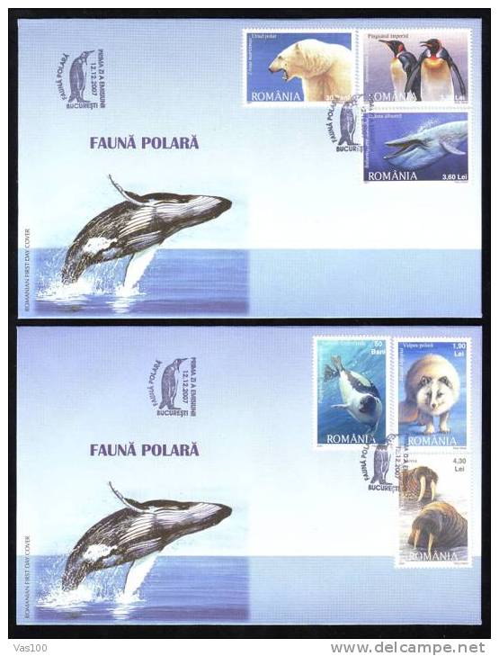 Polar Bear Fox Whale Seal Penguin 2 FDC 2007 Romania - Ours