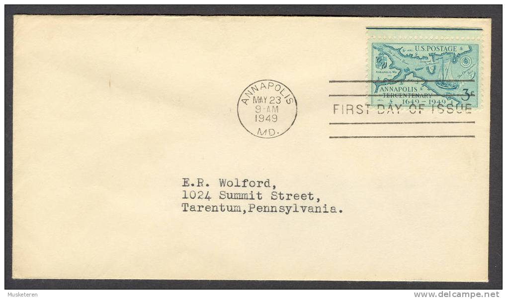 United States US Postage FDC Cover 1949 Tercentenary Founding Of Annapolis 1649 Map & Ship - 1941-1950