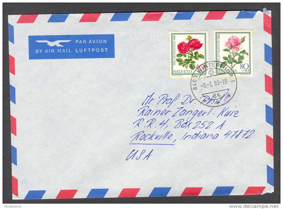 Switzerland Par Avion Air Mail Luftpost Pro Juventute On Deluxe Cancelled Cover 1983 Wintherthur To USA Roses Stamps - Briefe U. Dokumente