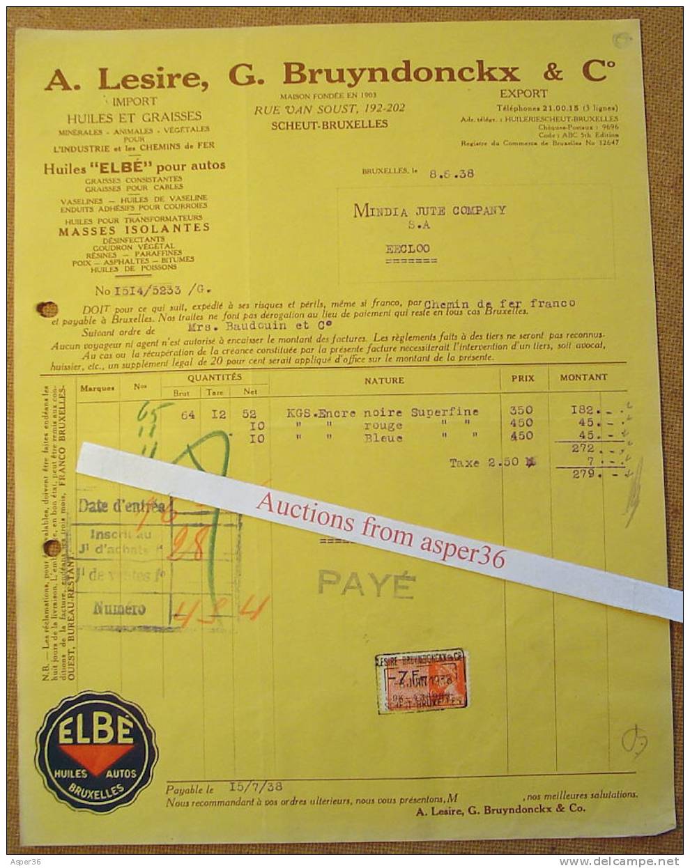 Huiles & Graisses, A. Lesire, G. Bruyndonckx & Co, Scheut-Brussel 1938 - Autres & Non Classés