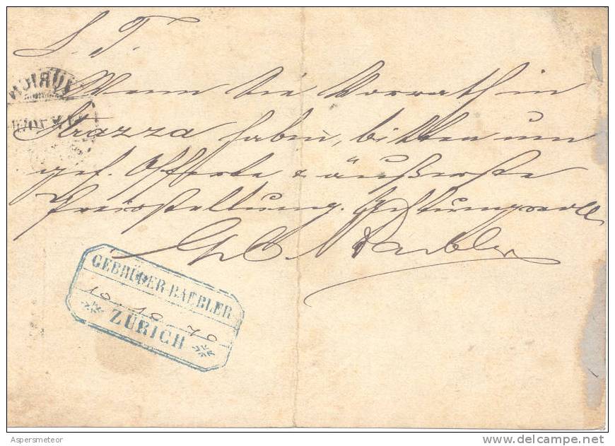 ENTIER POSTAUX ZURICH 1870 GEGRUDER BAEBLER RARE SOLD AS IS - Interi Postali