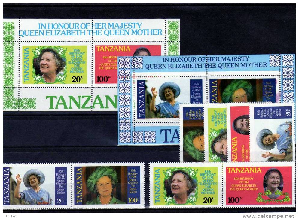 Gedenkblatt 1985 Königinmutter Elisabeth Tansania 264/7,ZD+Bl.42/43 ** 13€ Bloque Bloc Queen Sheets Document Bf Tanzania - Tansania (1964-...)