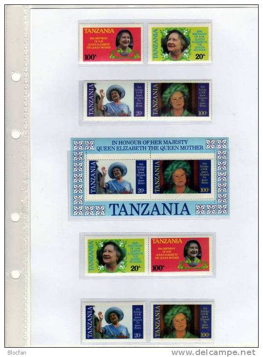 Gedenkblatt 1985 Königinmutter Elisabeth Tansania 264/7,ZD+Bl.42/43 ** 13€ Bloque Bloc Queen Sheets Document Bf Tanzania - Tansania (1964-...)