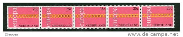 NETHERLANDS  1971 EUROPA CEPT STRIP OF 5 FROM ROLL MNH - 1971