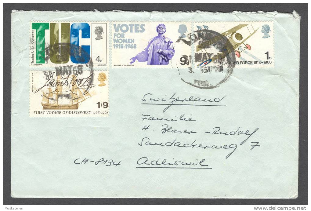 Great Britain Mi. 485-88 Set On Cover 1968 TUC Emmeline Pankhurst Royal Airforce Cook ´s Ship The Endeavour - Postmark Collection