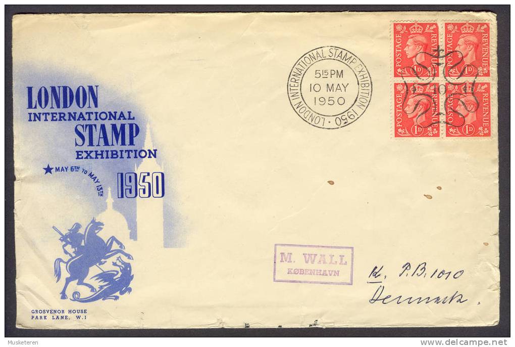 Great Britain London International Stamp Exhibition 1950 Cancelled 10 In Cross Block Of Four (II) - Briefe U. Dokumente