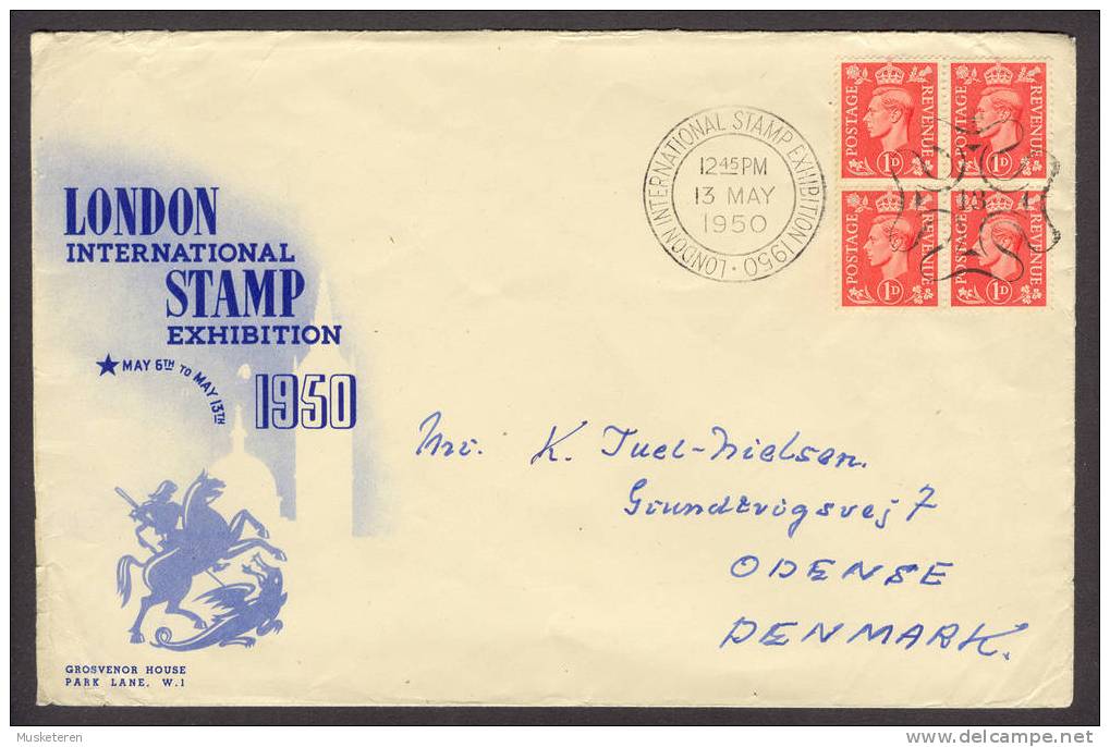 Great Britain London International Stamp Exhibition 1950 Cancelled 13 In Cross Block Of Four - Briefe U. Dokumente