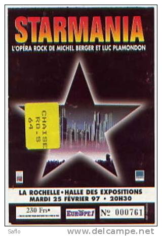 Billet Du Spectacle Musical Starmania L'Opéra Rock De Michel Berger Et Luc Plamondon Du 25 Février 1997 à La Rochelle - Concert Tickets