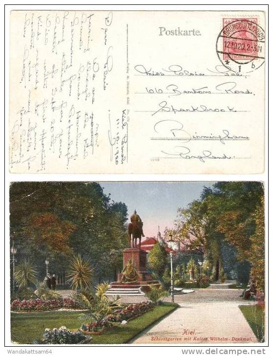 AK  Kiel Schloßgarten Mit Kaiser Wilhelm Denkmal 12.10.20 2-3 N BRUNSBÜTTELKOOG Nach Birmingham ENGLAND - Kiel