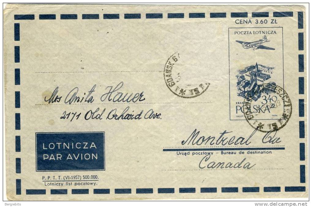 1959  Poland  Aerogramme , Mailed To Montrel ,Que - Flugzeuge