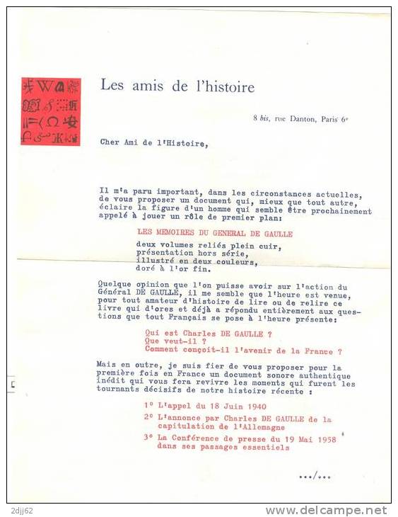 Histoire, Mémoires, Classe Ouverte - Lettre Réclame Datée De Juin 1958, Verso Bon De Commande  (633) - De Gaulle (Generaal)