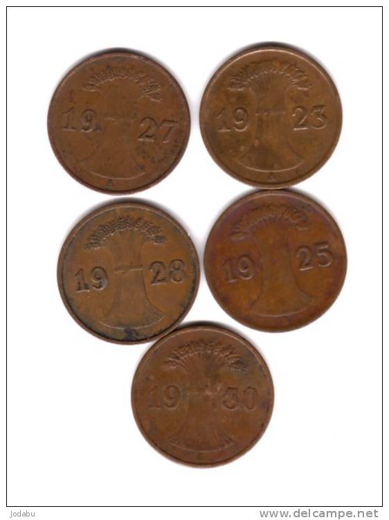 5 Piéces De 1 Reichspfenning -1923a-1925a-1927a-1928a1930a- - 1 Rentenpfennig & 1 Reichspfennig