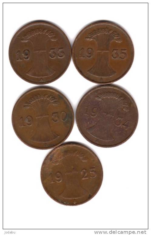 5 Piéces De 1 Reichspfenning - 1925a-1930a-1933a1934a-1935a- - 1 Renten- & 1 Reichspfennig