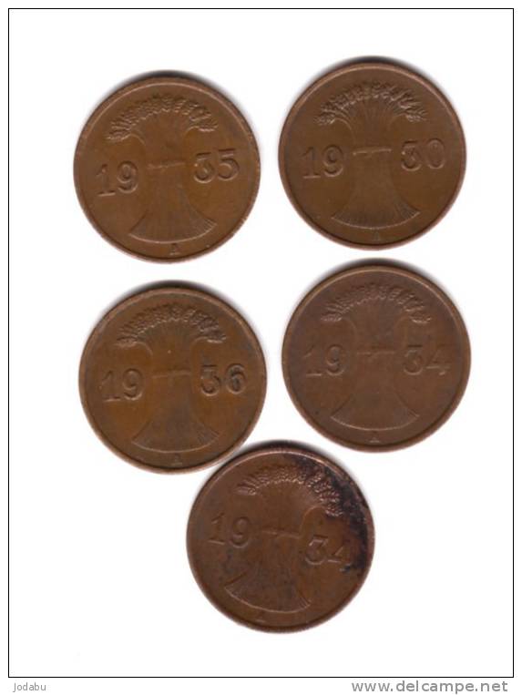5 Piéces De 1 Reichspfenning -  1930a-1934a-1935a-1936a-1934a- - 1 Rentenpfennig & 1 Reichspfennig