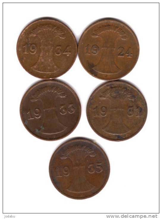 5 Piéces De 1 Reichspfenning - 1924j-1934j-1931f-1933f-1935f- - 1 Rentenpfennig & 1 Reichspfennig