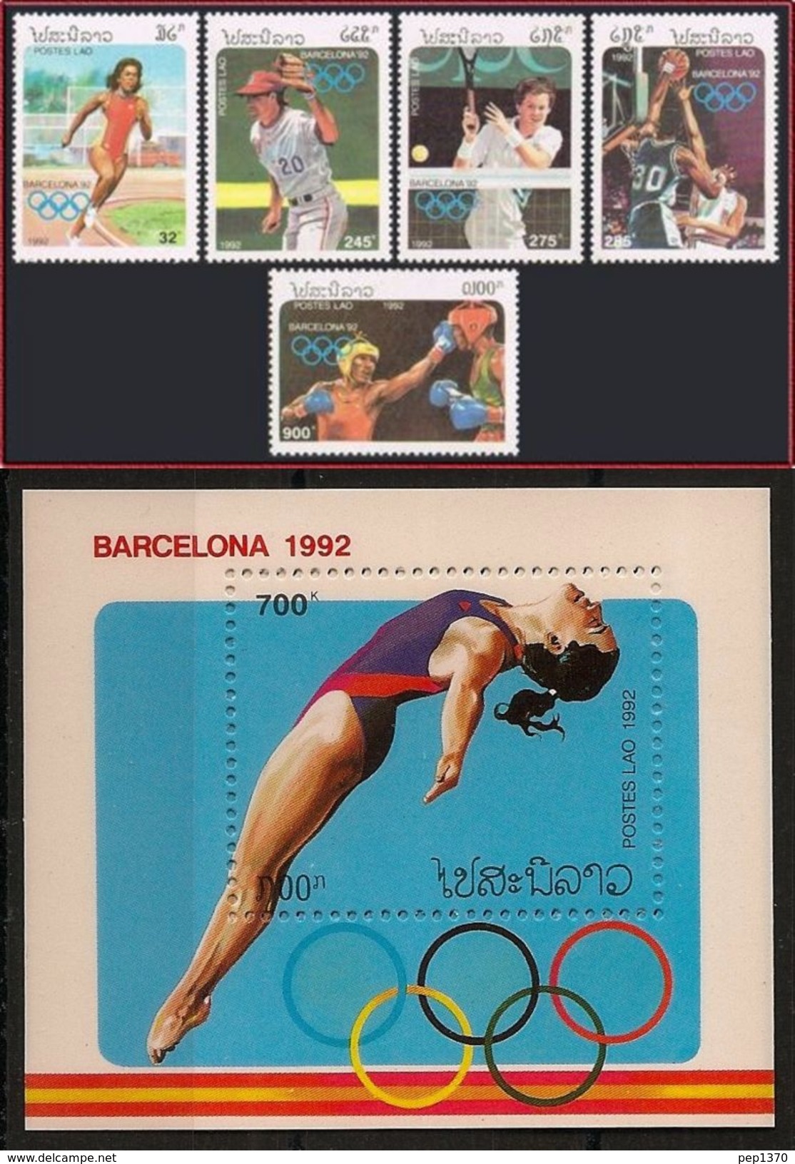 LAOS 1992 - OLYMPIC GAMES BARCELONA 92 - YVERT 1027-1031 + BF 119 - MICHEL 1296-1300 + BLOCK 142 - SCOTT 1058-1062 - High Diving