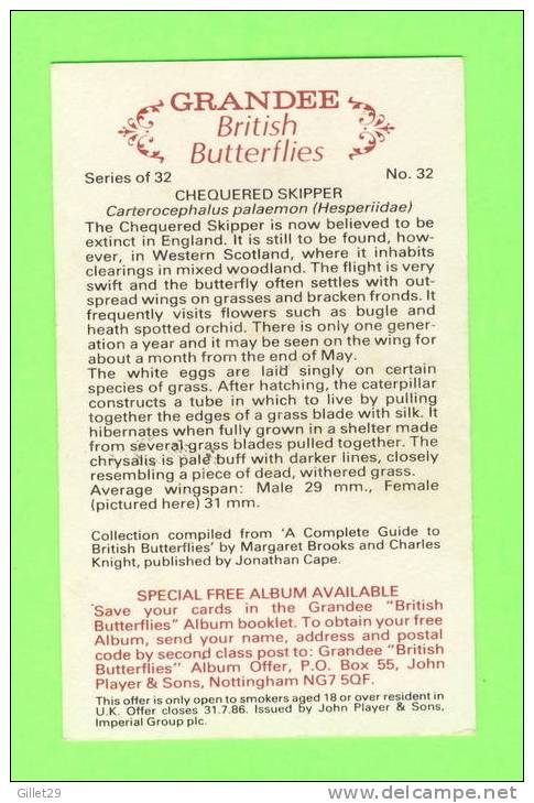 CARTES CIGARETTES CARDS - JOHN PLAYER & SONS - GRANDEE BRITISH BUTTERFLIES - COMPLETE SET OF  32 - ISSUE 1985 - - Player's