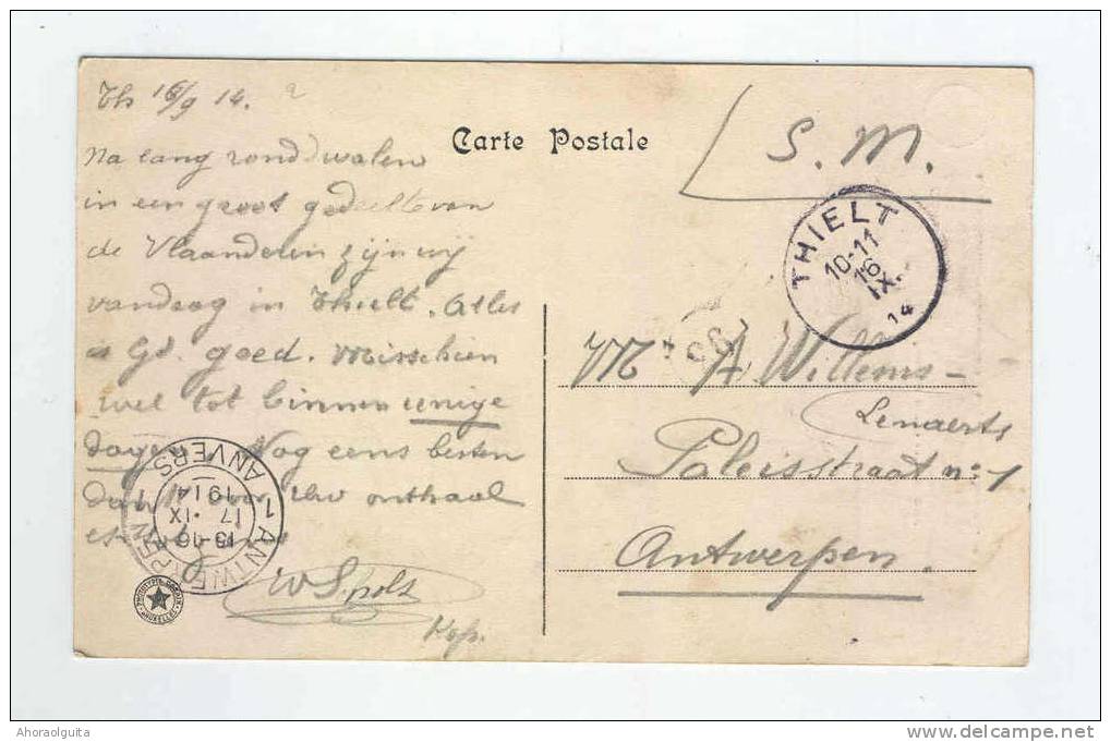 Carte-Vue En Franchise S.M. THIELT 16 IX 14 Vers Antwerpen -TB TEXTE  --  B1/065 - Andere & Zonder Classificatie