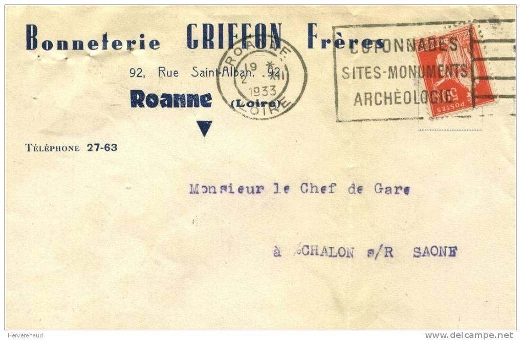Paix 283 Sur Lettre Des  Ets Griffon à Roanne ,  Pour Chalon-sur-Saône + Flamme - 1932-39 Paz