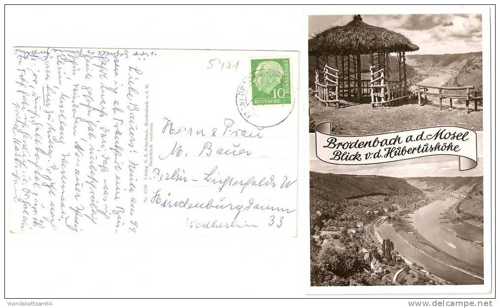 AK Brodenbach A. D. Mosel "Blick V. D.  Hubertushöhe" 11.9.57 (22b) BRODENBACH Nach Berlin - Lichterfelde - Mayen