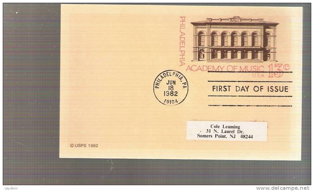 FDC Postal Card - Philadelphia Academy Of Music - Scott # UX96 - 1981-1990