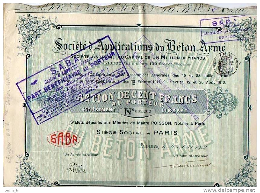 ACTION DE 100 FRANCS AU PORTEUR - SOCIETE D´APPLICATIONS DU BETON ARME - PARIS - S. A. B. A. - - Industrial