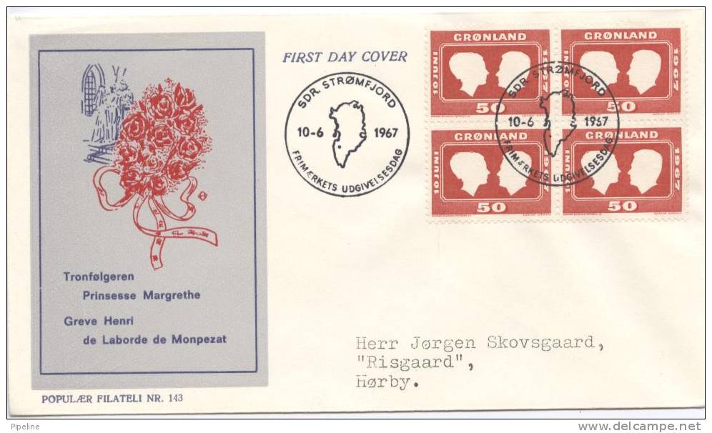 Greenland FDC In Block Of 4 Royal Wedding 10-6-1967 With Cachet Sent To Denmark - FDC