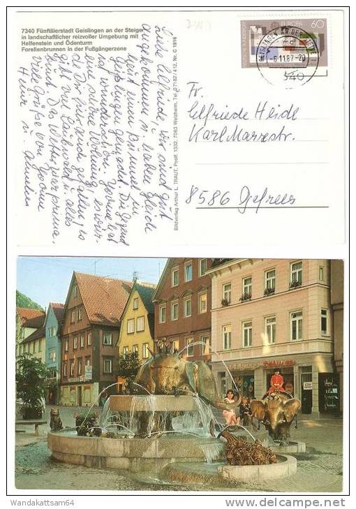 AK Gruß Aus Fünftälerstadt Geislingen An Der Steige Forellenbrunnen In Der Fußgängerzone -6.11.87 - 20 N 8586 Gefrees - Geislingen