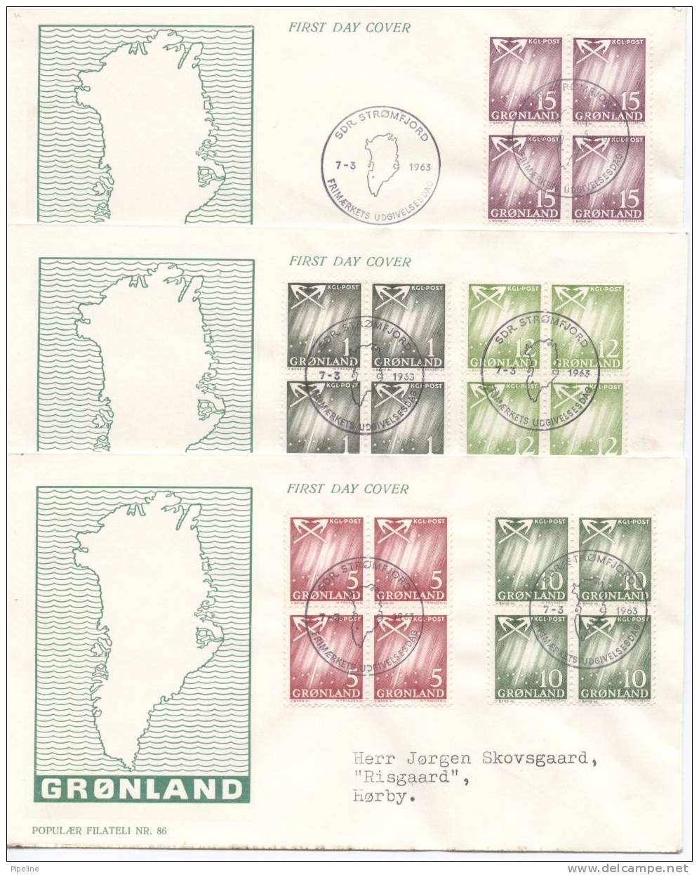 Greenland FDC Block Of 4  7-3-1963  NORTH LIGHT ING On 3 Covers With Cachet Sent To Denmark - FDC