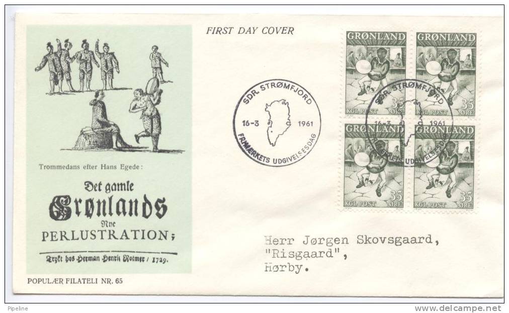Greenland FDC Block Of 4 16-3-1961 DRUMDANCE With Cachet Sent To Denmark - FDC