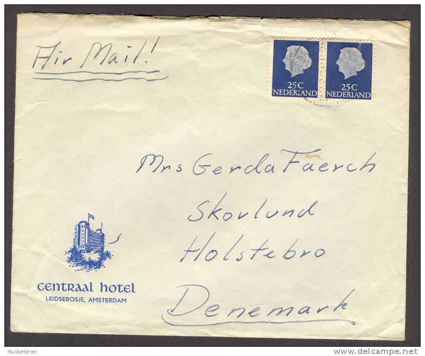 Netherlands Airmail Luchtpost Centraal Hotel Leidsebosje Amsterdam Cachet Cover 1950? To Denmark Queen Juliana-Beatrix - Posta Aerea