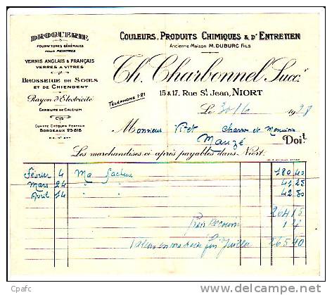 CHARBONNEL à Niort (79) Droguerie / Facture Datant De 1928 + Enveloppe - Droguerie & Parfumerie