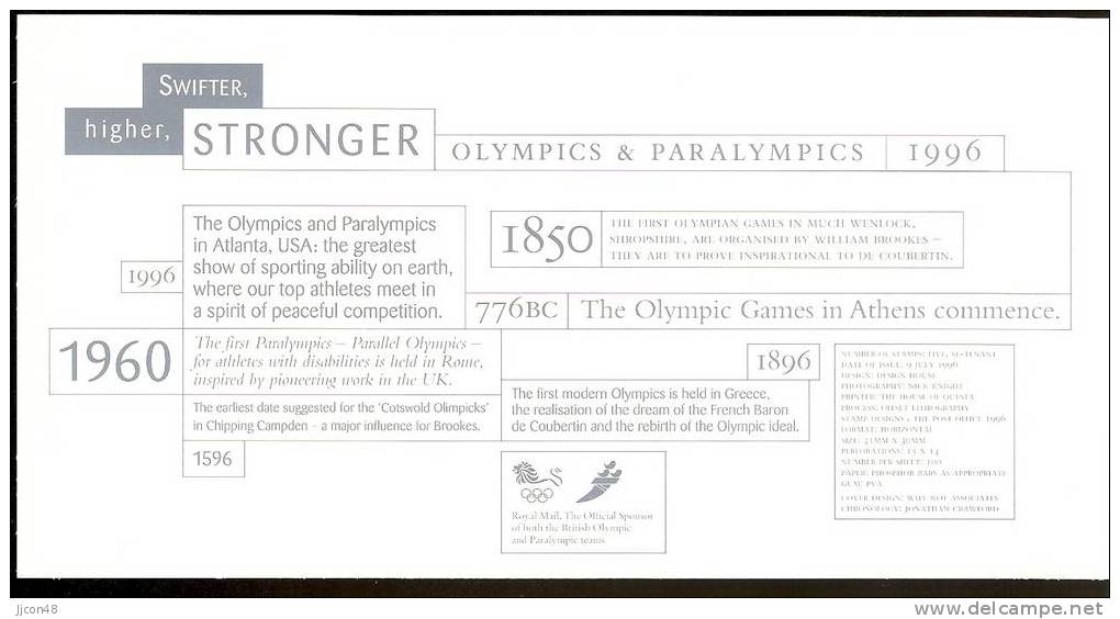 Great Britain 1996  Olympic Games, Atlanta  FDC.  Special  Scottish Postmark - 1991-2000 Decimal Issues