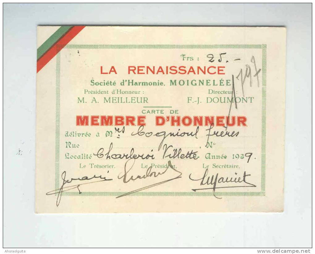 Carte De Membre TP Léopold III TAMINES 1939 - Harmonie La Renaissance à MOIGNELEE  --  B1/156 - 1934-1935 Leopold III.