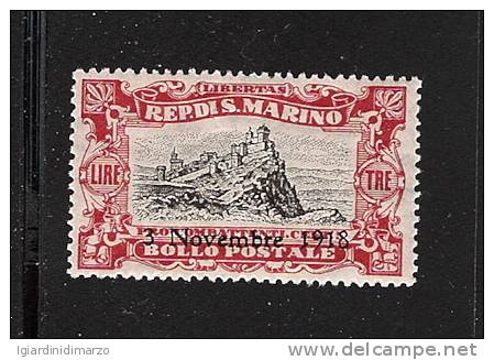 SAN MARINO - 1918: Valore Nuovo S.t.l. Da 3 L. + 5 C. (emissione Pro Combattenti) Soprastampato - In Ottime Condizioni. - Unused Stamps