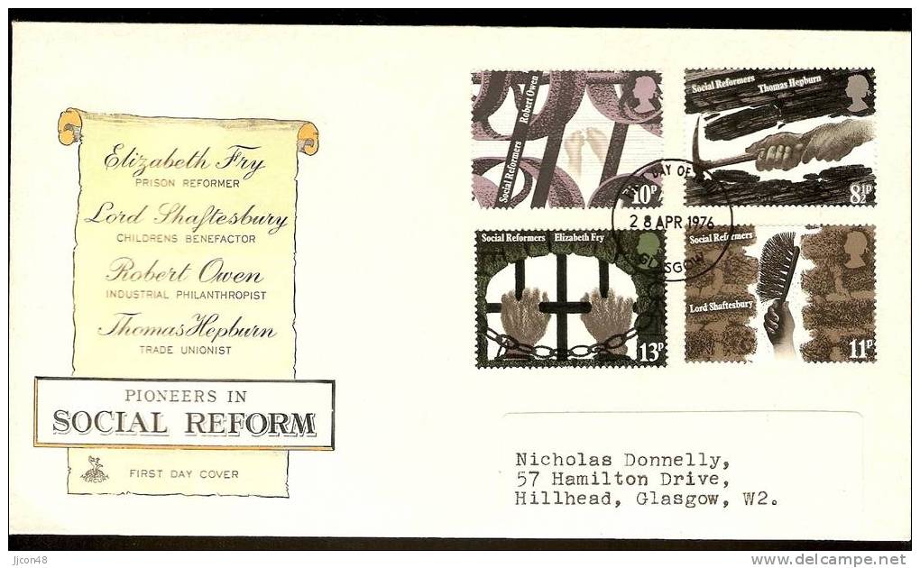 Great Britain 1976 Social Reformers. FDC. Glasgow Postmark - 1971-1980 Em. Décimales