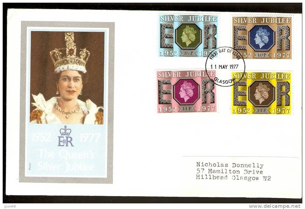 Great Britain 1977 Silver Wedding. FDC.  Glasgow Postmark - 1971-1980 Decimal Issues