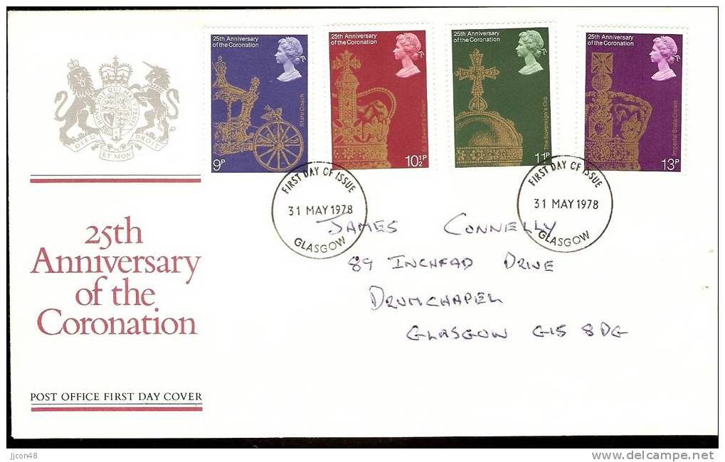 Great Britain 1978 25th Ann.of Coronation. FDC. Glasgow Postmark - 1971-1980 Decimal Issues