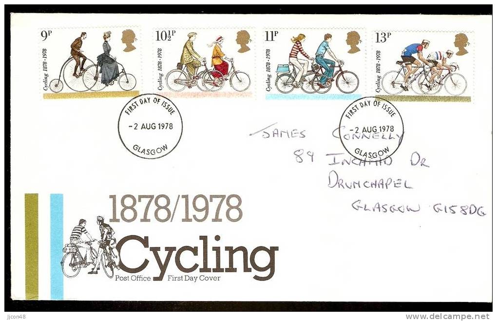 Great Britain 1978 British Cycling And Touring Club Centenaries. FDC. Glasgow Postmark - 1971-1980 Dezimalausgaben